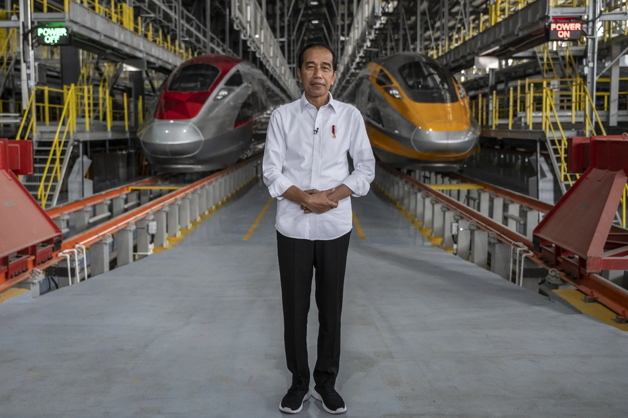 Joko Widodo&nbsp;in front of Jakarta-Bandung High-Speed Railway trains in West Java.