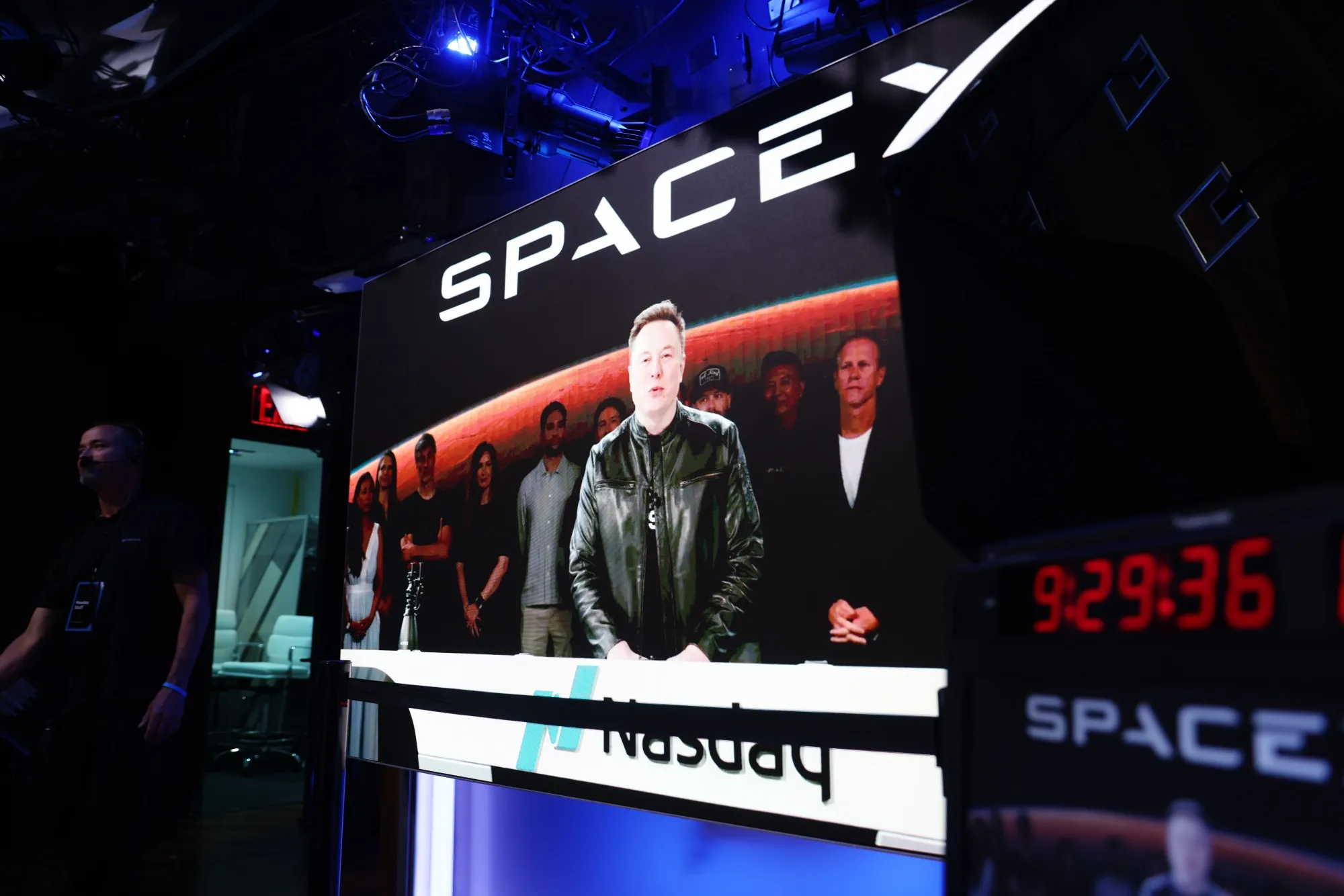 A video displays SpaceX founder Elon Musk during the company’s initial public offering&nbsp;at the Nasdaq MarketSite.