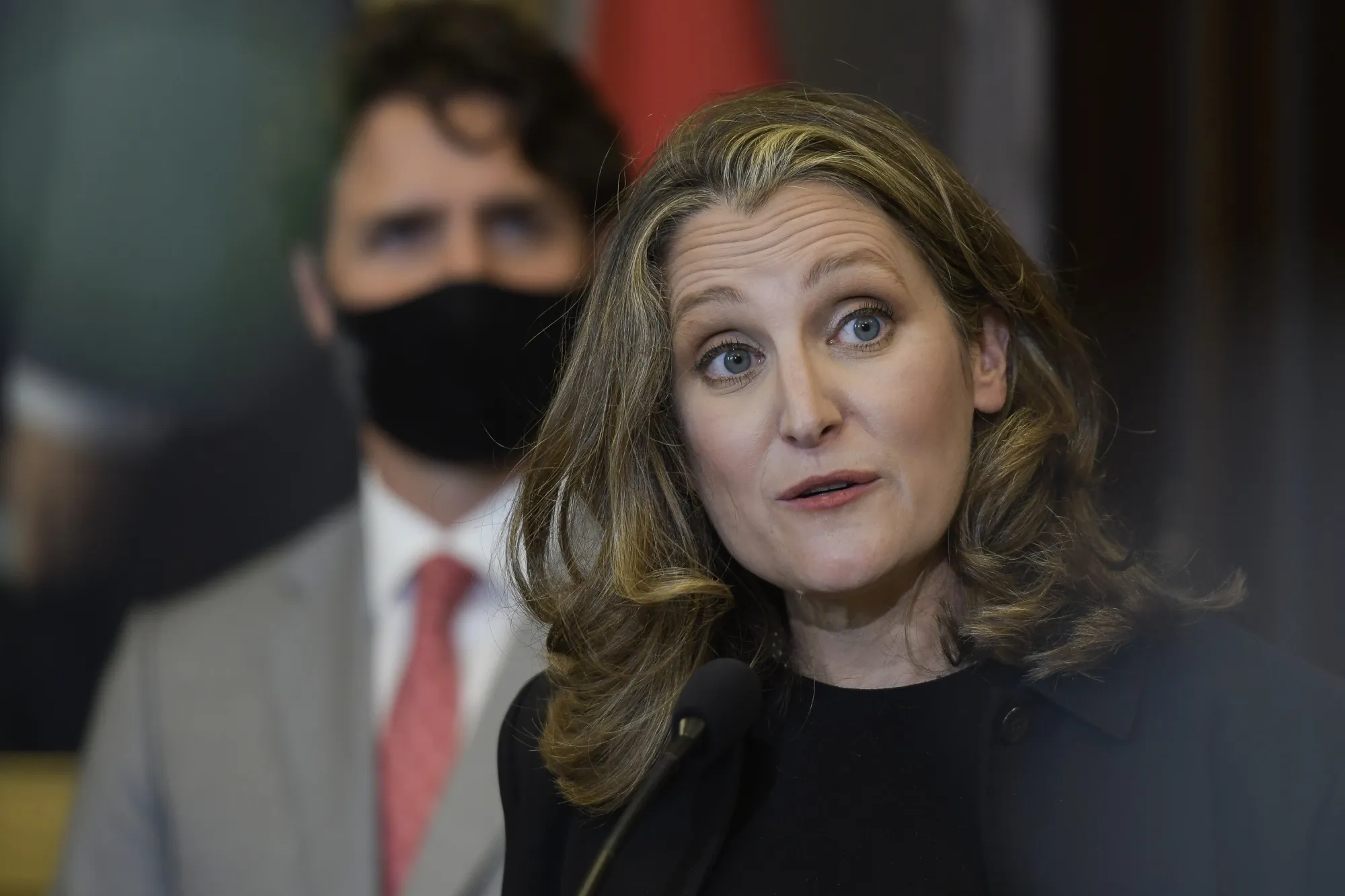 Chrystia Freeland speaks alongside Justin Trudeau in Ottawa after being named finance minister on Aug. 18.