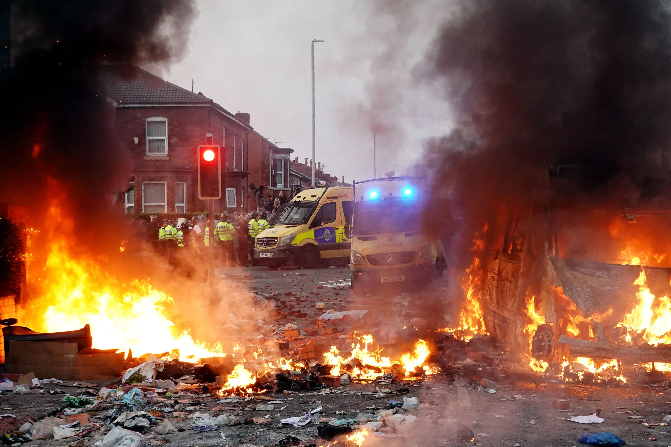 A vehicle burns during demonstrations in Southport, UK, on July 30.