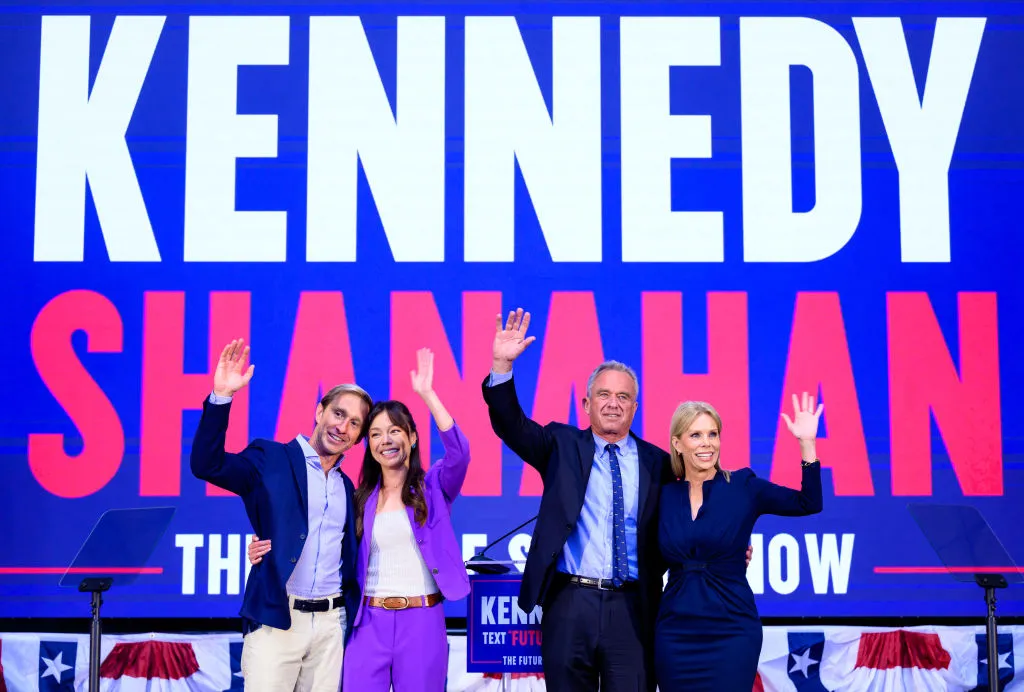 Robert F Kennedy Jr. announces his running mate Nicole Shanahan alongside their spouses in Oakland, California.