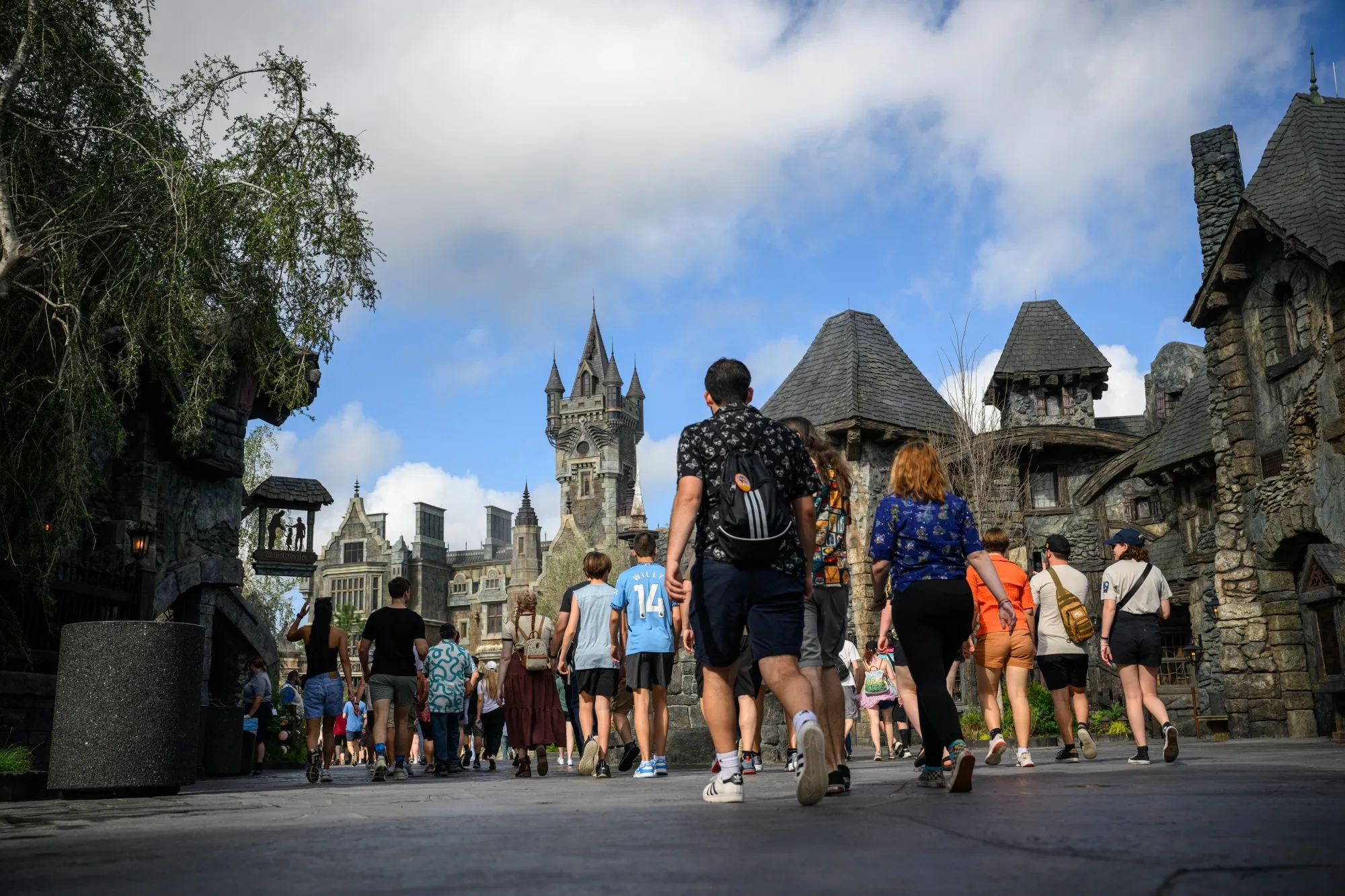Guests walk through the Dark Universe area&nbsp;at the Epic Universe theme park in Orlando, Florida, on April 5.