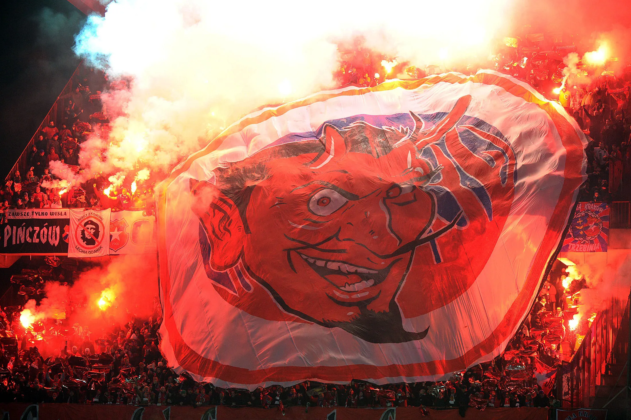 Supporters of Wilsa Krakow unfurl a huge