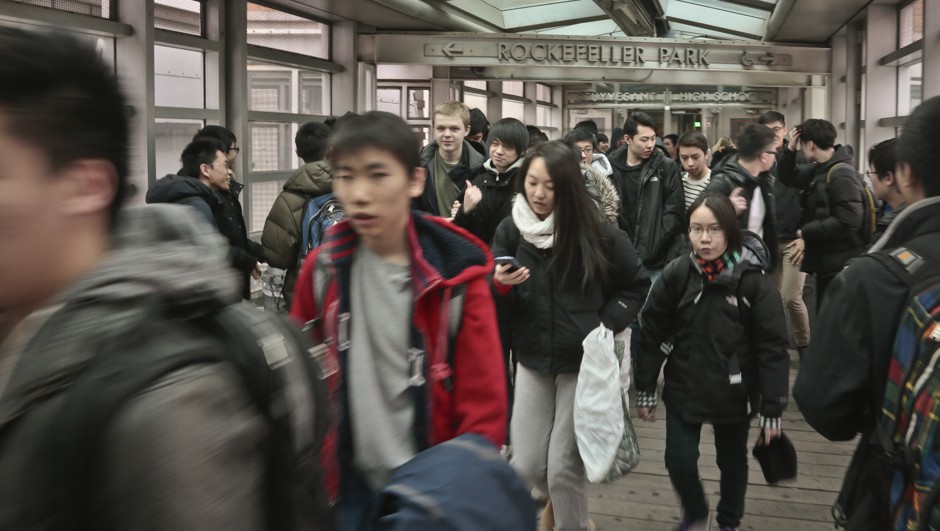 Students leaving Stuyvesant High School in New York City. They are admitted based on their score on a single 150-minute test.