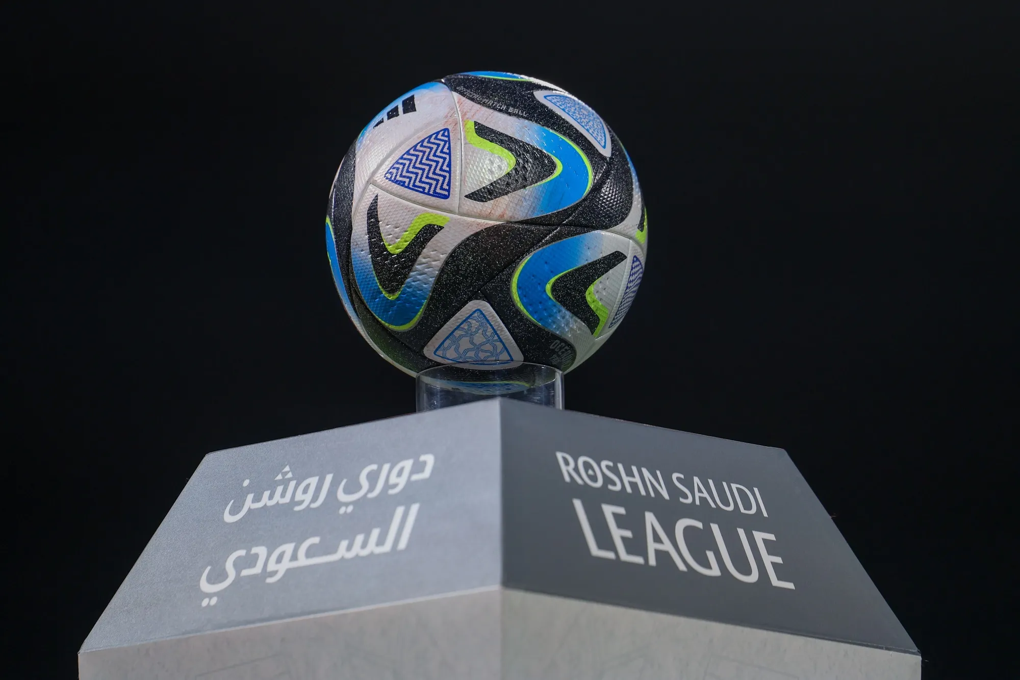 The Saudi Pro League ball is seen on stand prior a match&nbsp;at King Abdul Aziz Stadium&nbsp;in Mecca, Saudi Arabia.