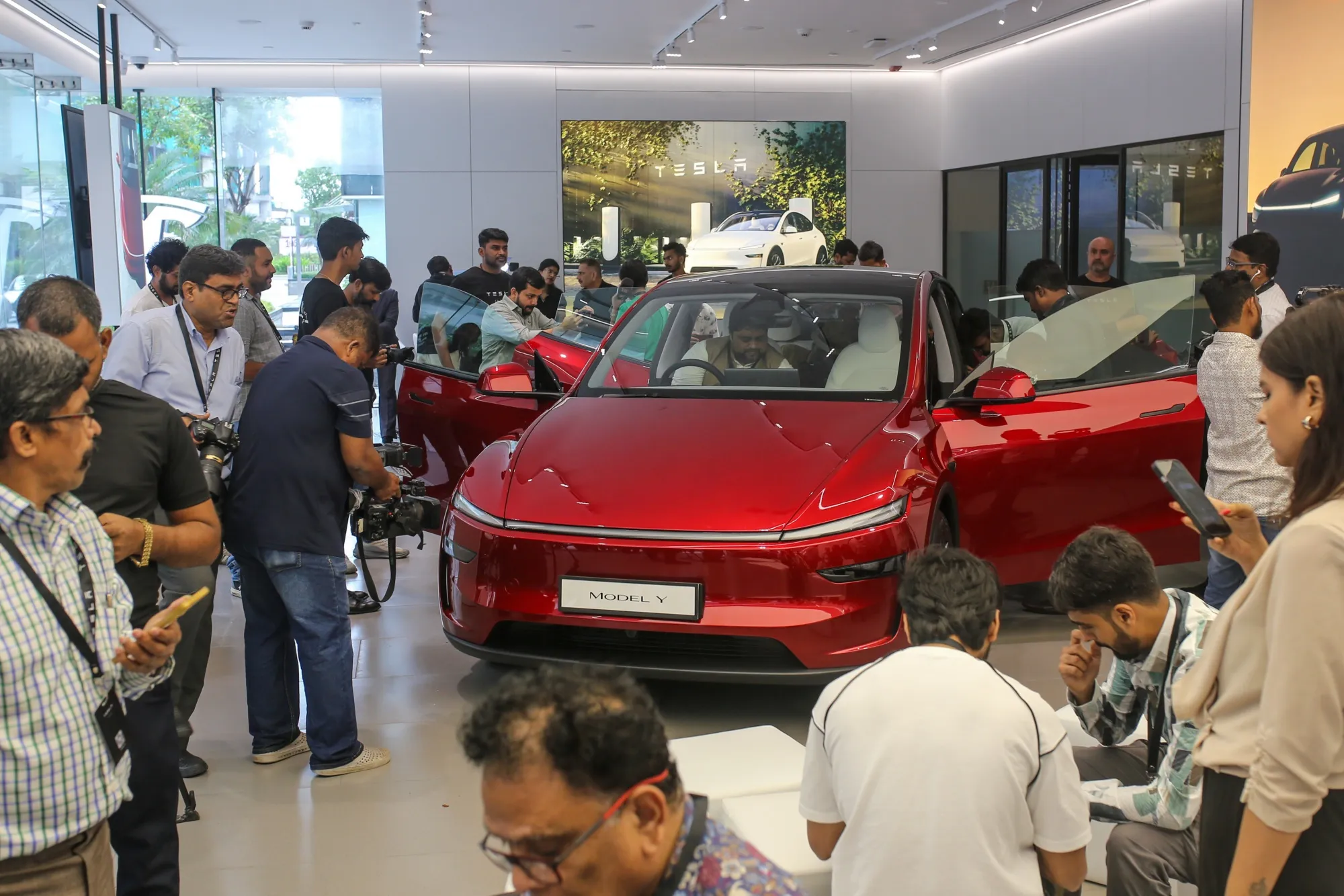 A Tesla Inc. Model Y automobile at the company’s first India store at Mumbai on July 15.
