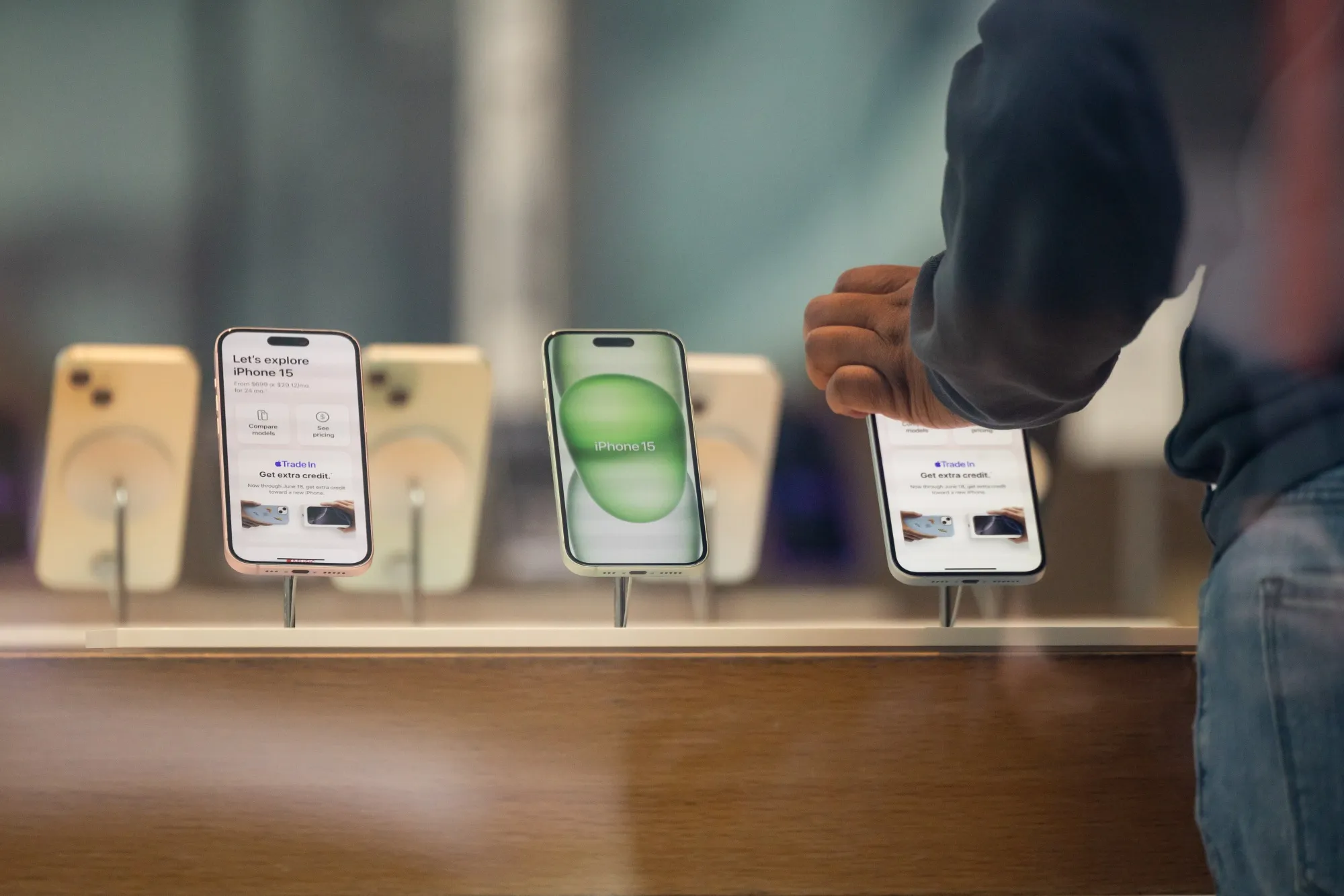 IPhone 15 smartphones at an Apple store in the Brooklyn borough of New York.