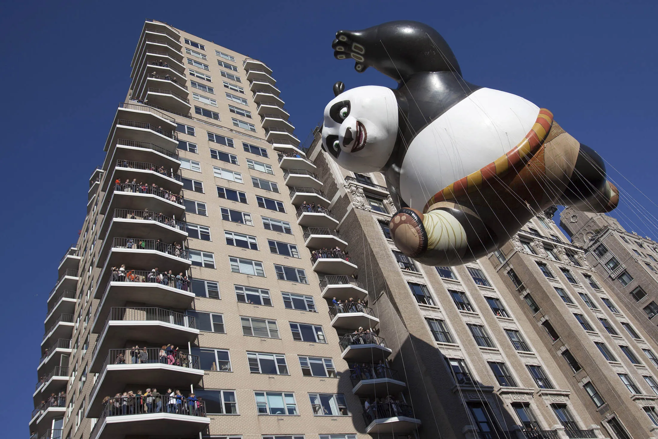 The Kung Fu Panda balloon makes its way down the streets of Manhattan during the Annual Macy's Thanksgiving Day Parade in 2012.
