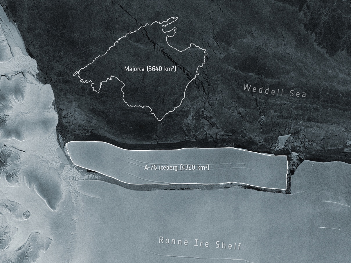 The iceberg has calved from the Ronne Ice Shelf in the Weddell Sea, in Antarctica.