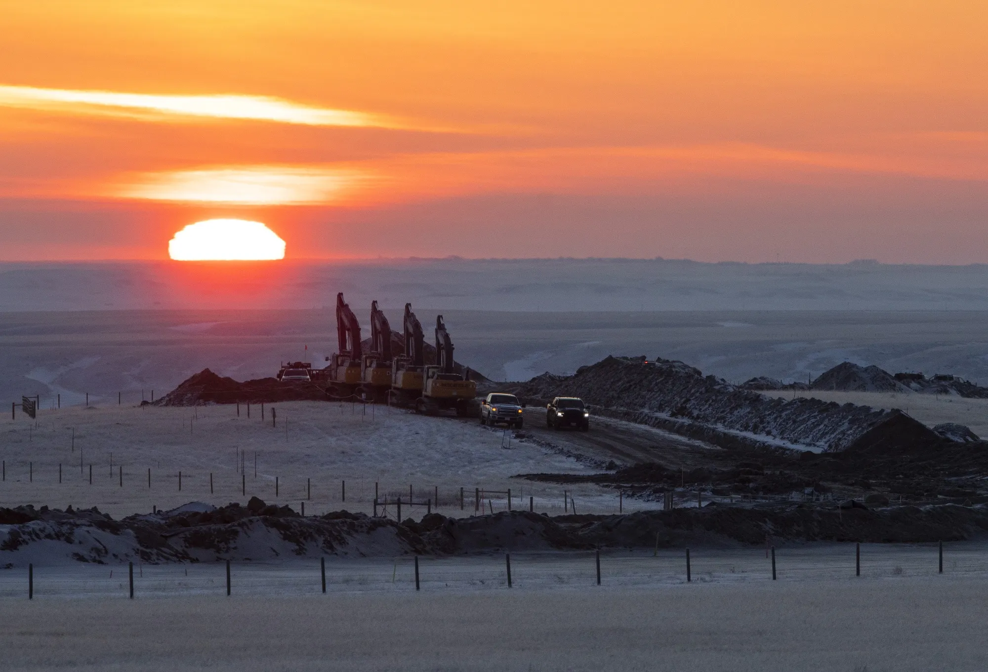 Crews work on a right of way for the Keystone XL pipeline near Oyen, Alberta, Canada, on&nbsp;Jan. 27.