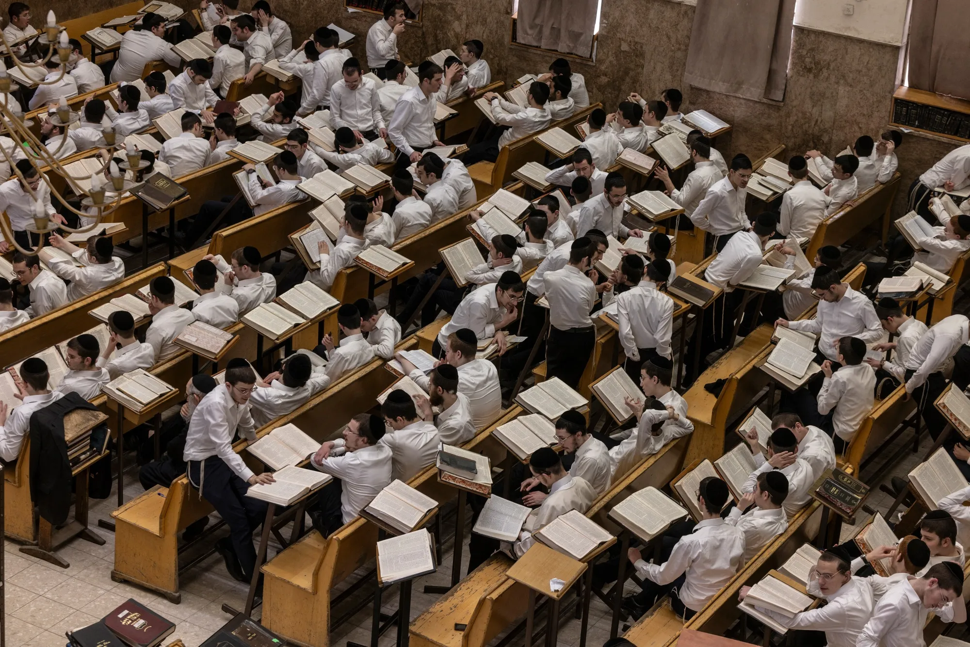 Ultra-Orthodox students study in a Jewish religious school in Bnei Brak, Israel.