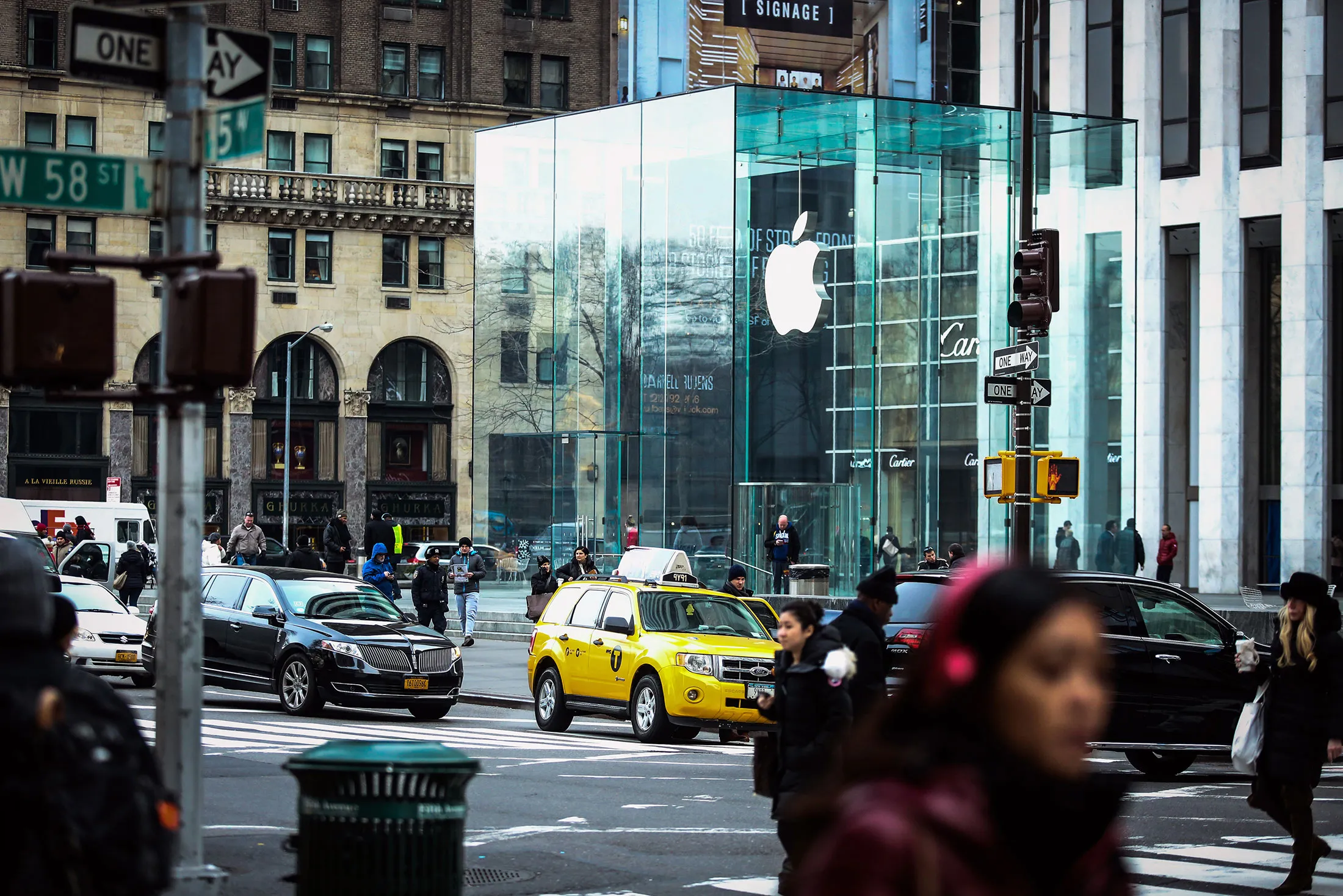 Traffic passes by the Apple Inc. store on 5th Avenue in New York.
