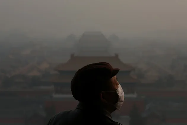 A tourist looks out over the Forbidden City in Beijing on Jan. 16