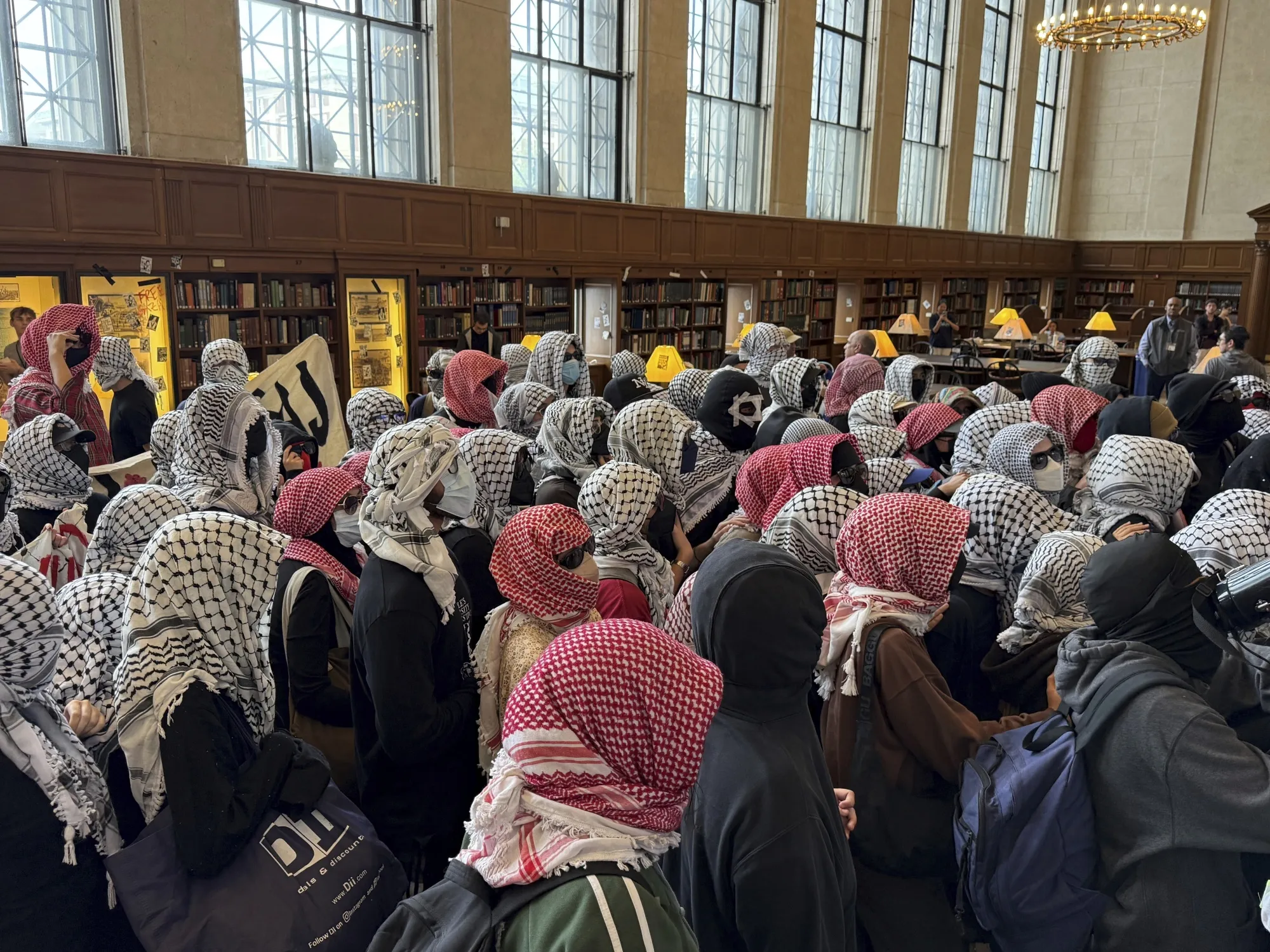 Demonstrators protest in&nbsp;Butler Library at&nbsp;Columbia University on May 7.