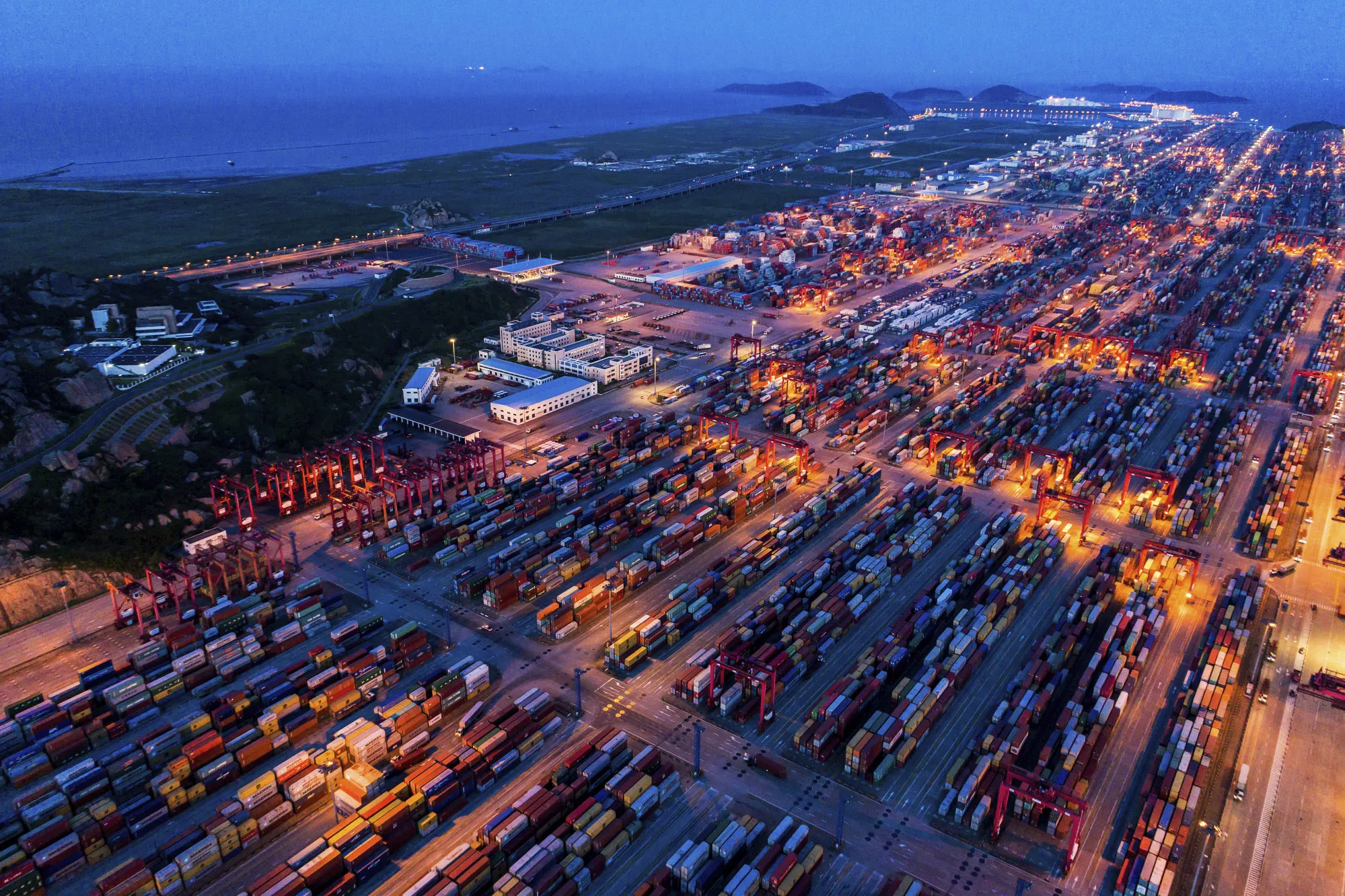 Aerial view of Shanghai Yangshan deepwater port at night