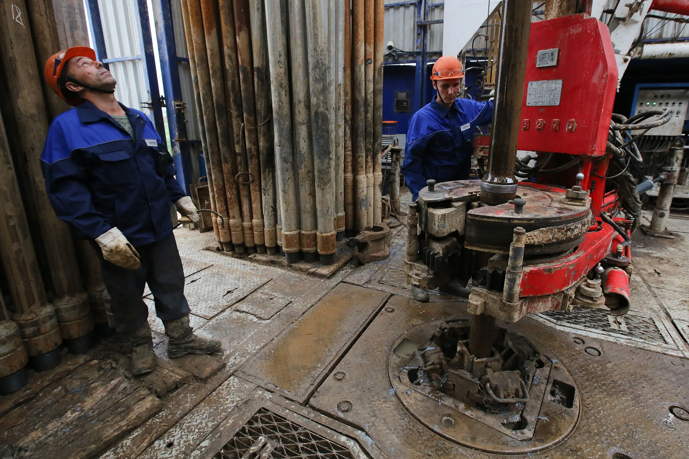 An oil drilling tower near Almetyevsk, Russia.
