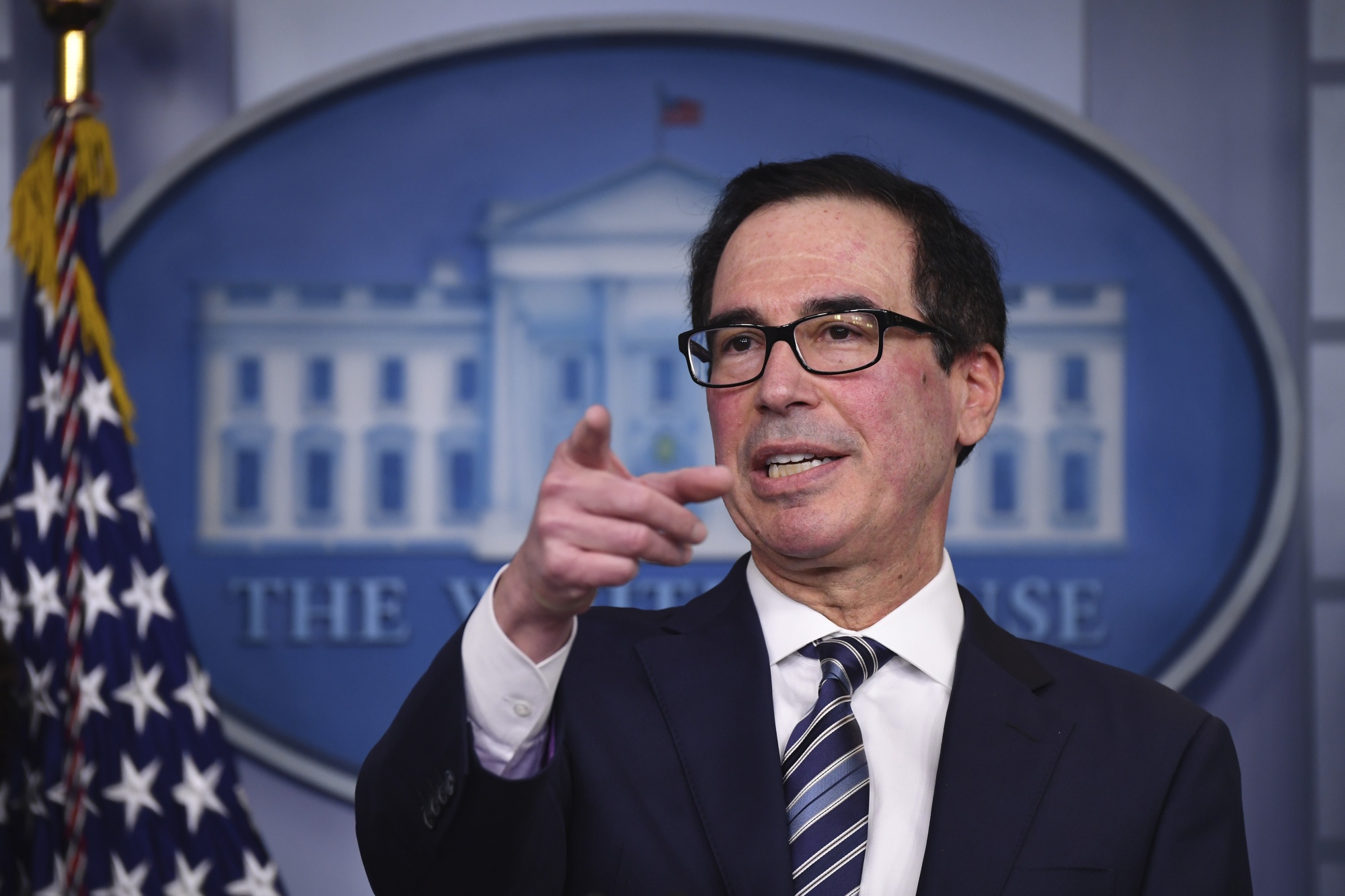 Steven Mnuchin, U.S. Treasury secretary, speaks during a news conference at the White House in Washington on April 2, 2020.&nbsp;