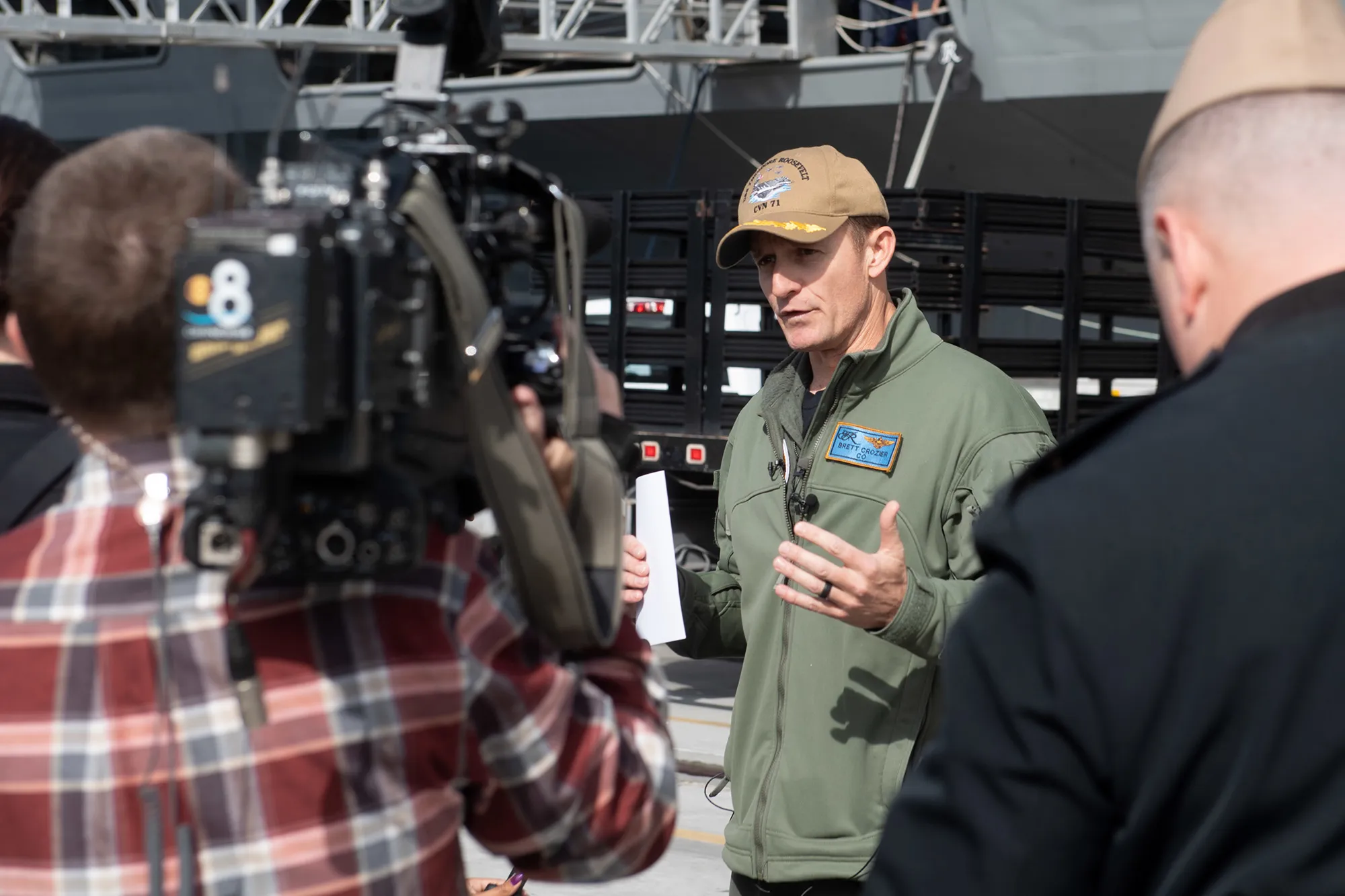 Brett Crozier addresses local news media at Naval Air Station North Island, San Diego on Jan. 17.
