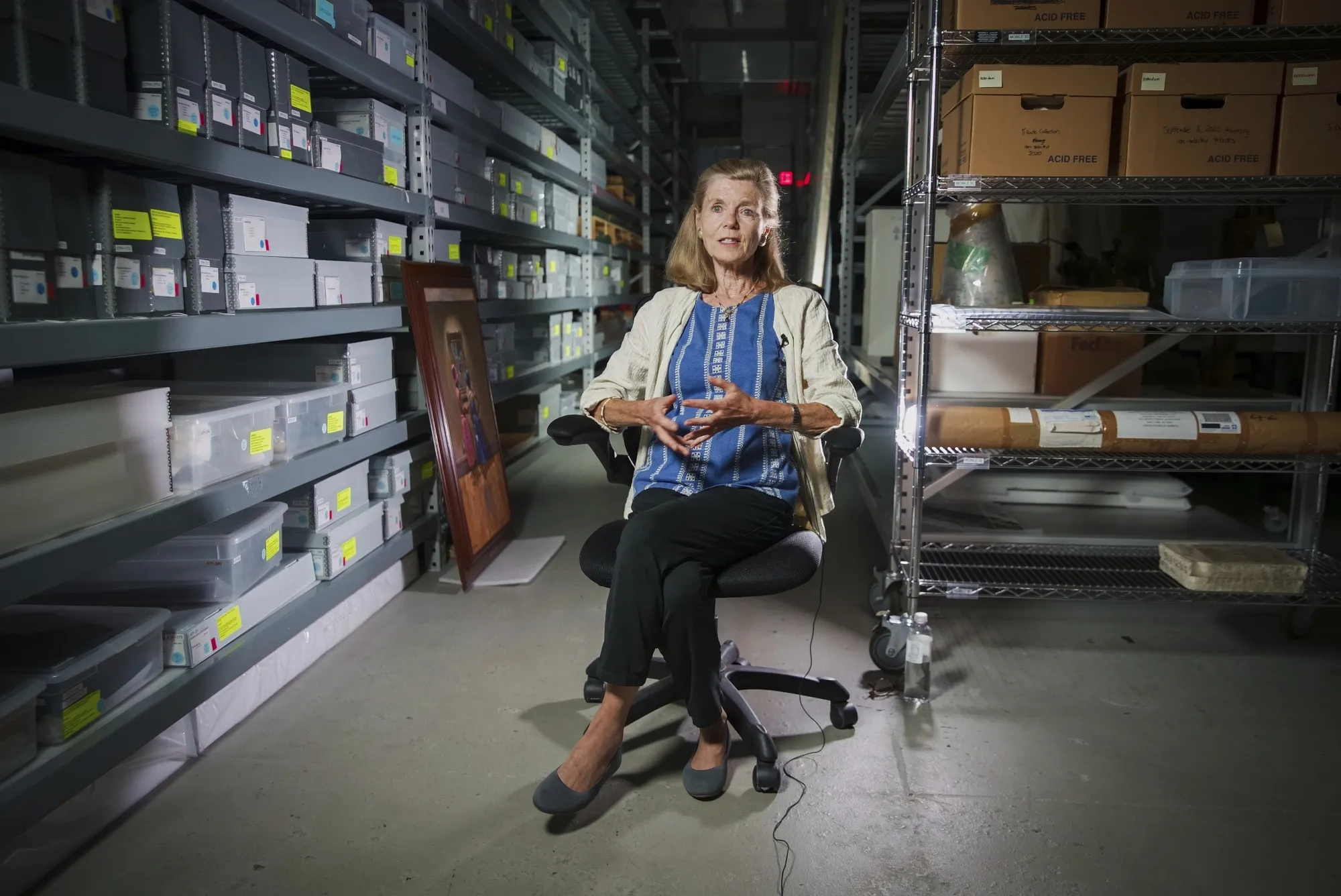 Jan Ramirez, chief curator at the 9/11 Memorial &amp; Museum,&nbsp;speaks from inside a warehouse where thousands of artifacts from the 9/11 attacks are archived, in Jersey City, earlier in July.