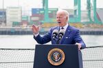 US President Joe Biden speaks at the Port of Los Angeles in Los Angeles, California, on June 10.