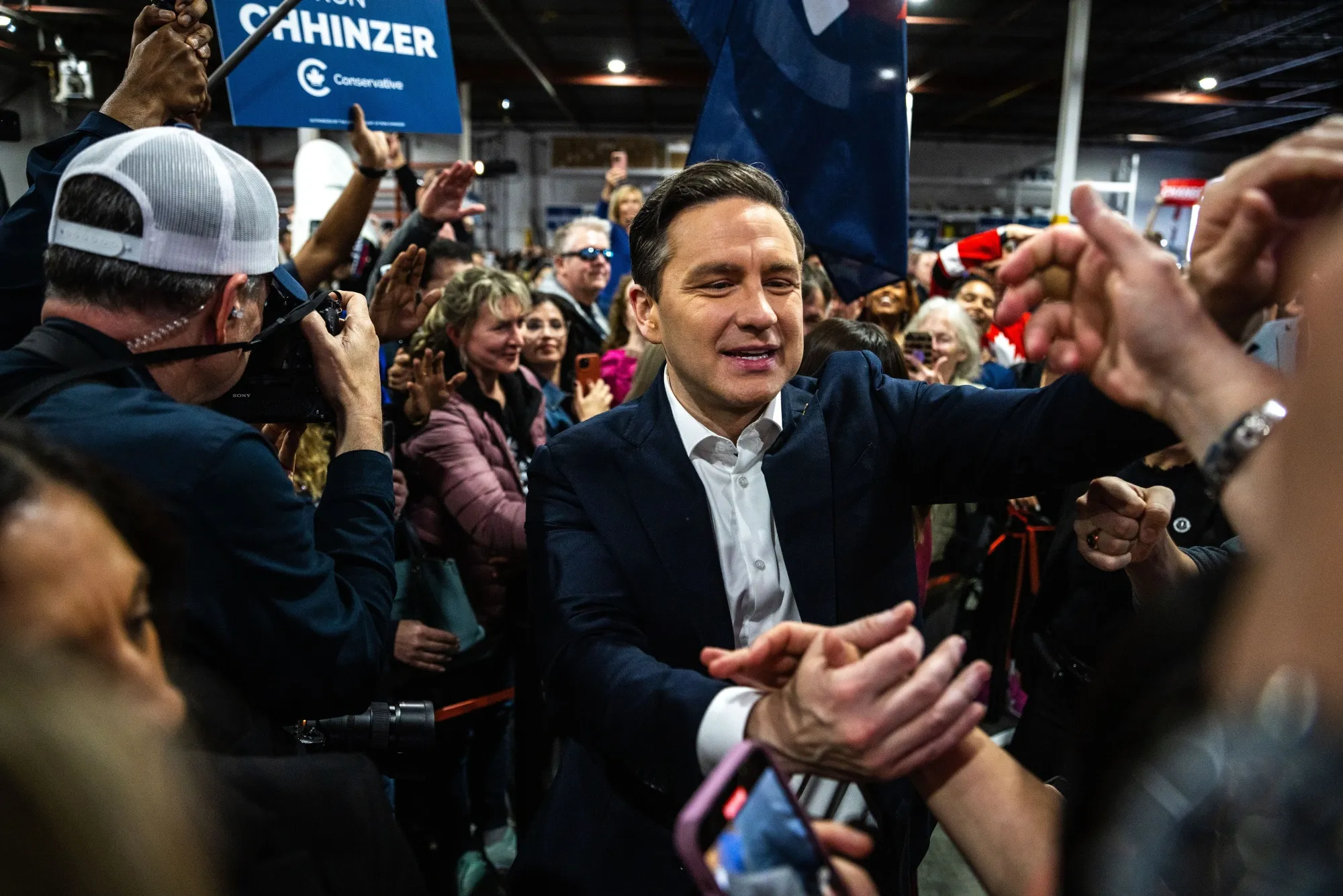 Pierre Poilievre greets supporters during a campaign rally in Oakville, Ontario on April 27.&nbsp;
