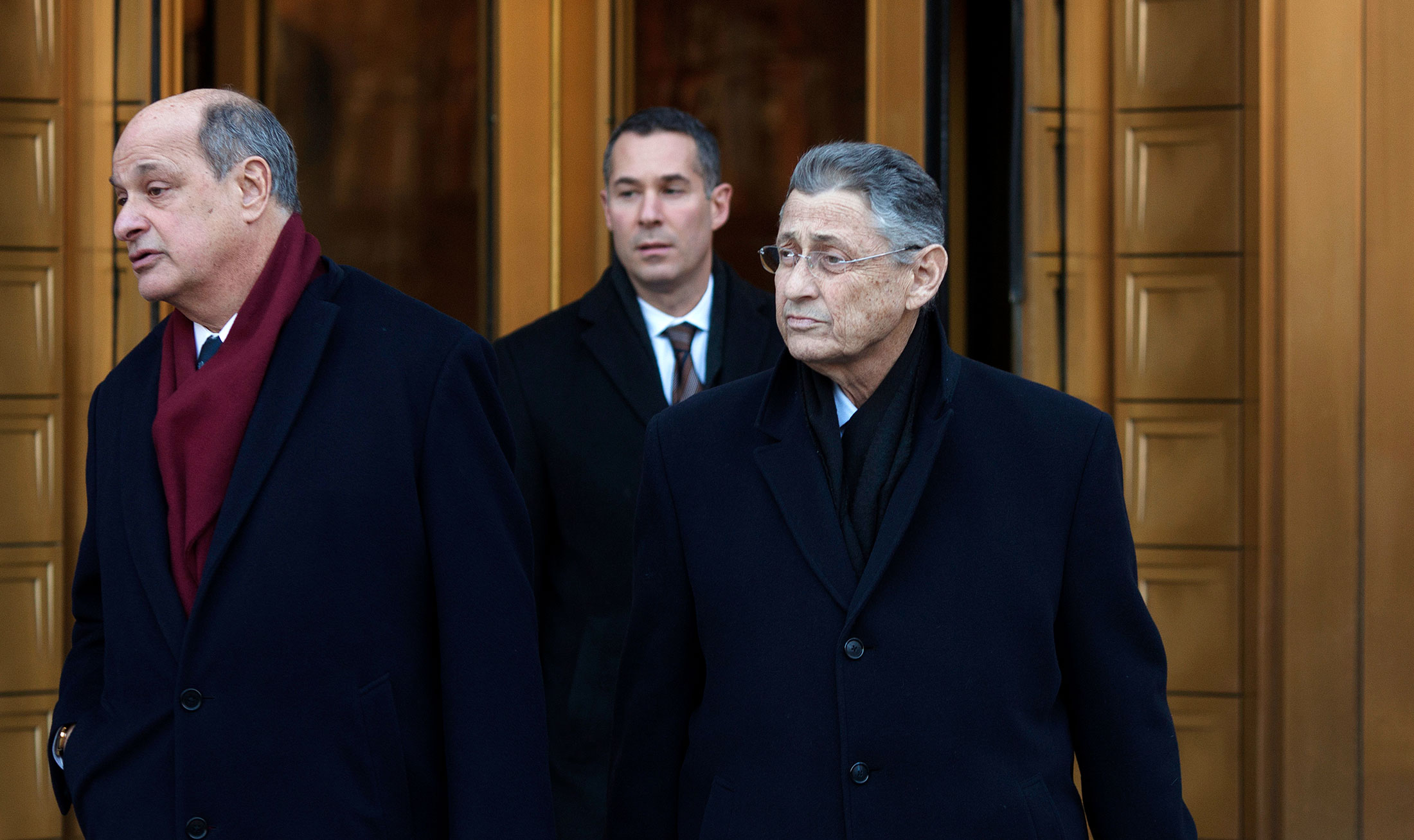 Sheldon Silver, New York state assembly speaker, right, exits federal court in New York, on Jan. 22, 2015.
