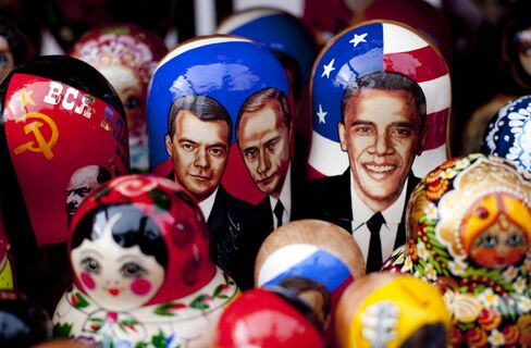 Obama, Medvedev and Putin on Matryoshka dolls