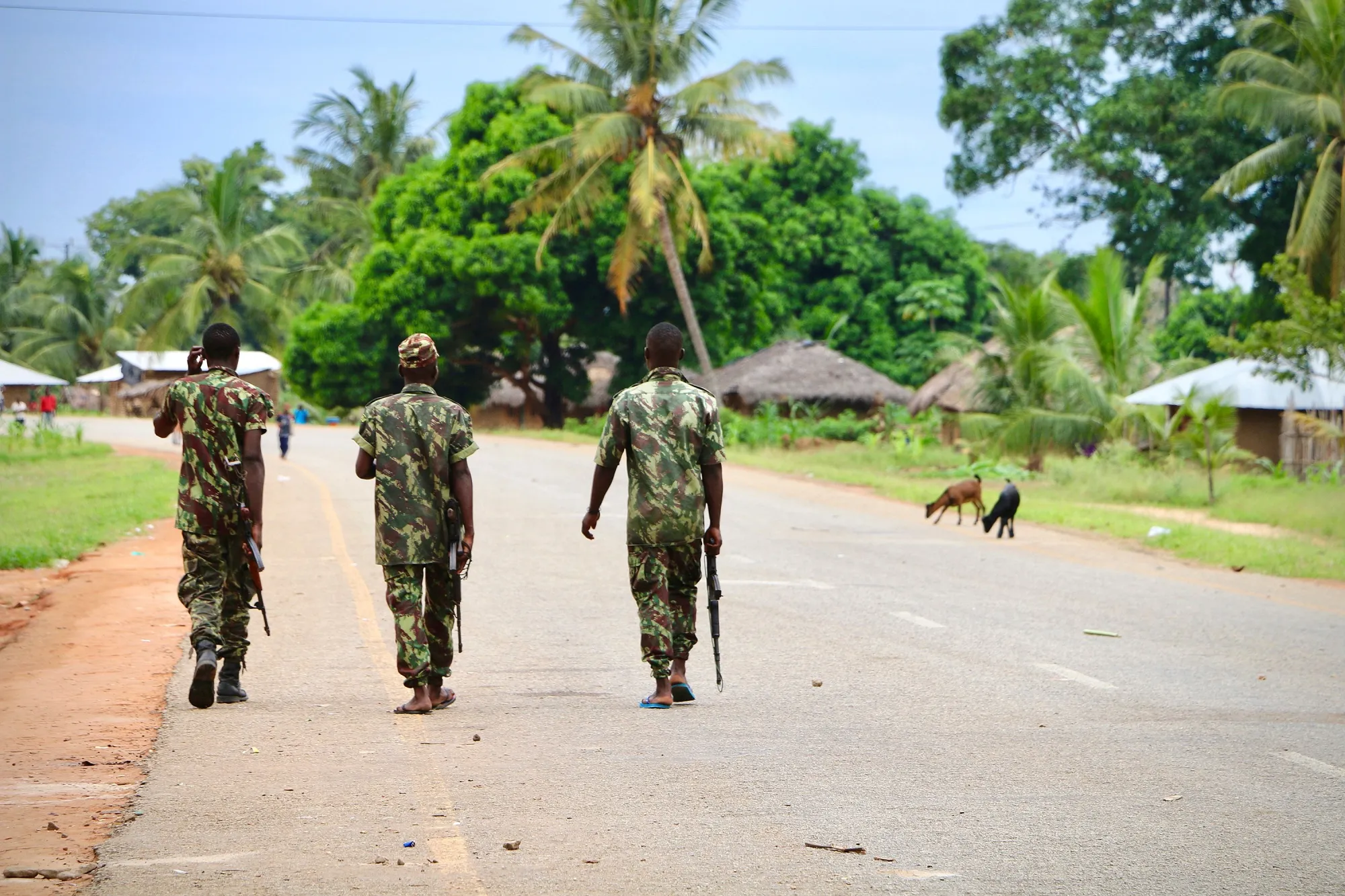 Mozambican soldiers patrol the streets of Mocimboa da Praia&nbsp;in March 2018.&nbsp;