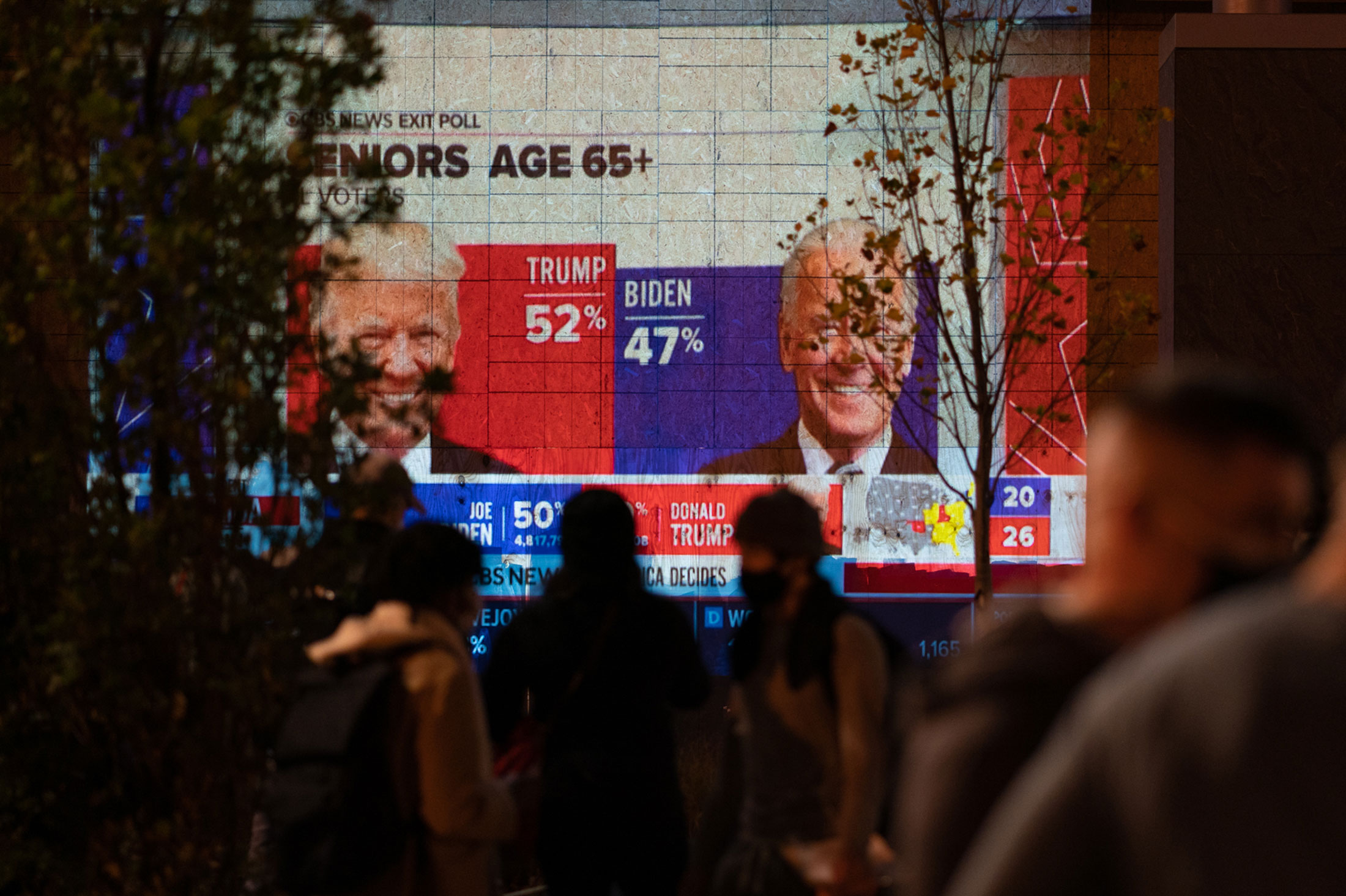 People watch&nbsp;election returns projected on a building in Washington, D.C., on Nov. 3.