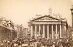 Heavy traffic outside the Royal Exchange in the City of London, circa 1880.