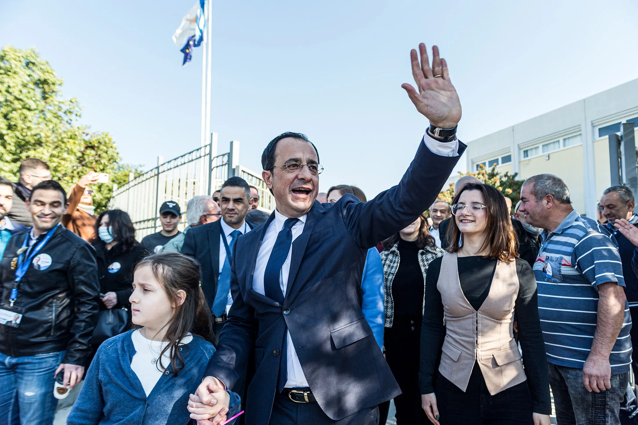 Nicos Christodoulides leaves a polling&nbsp;station in Geroskipou, Cyprus, on Feb. 12.