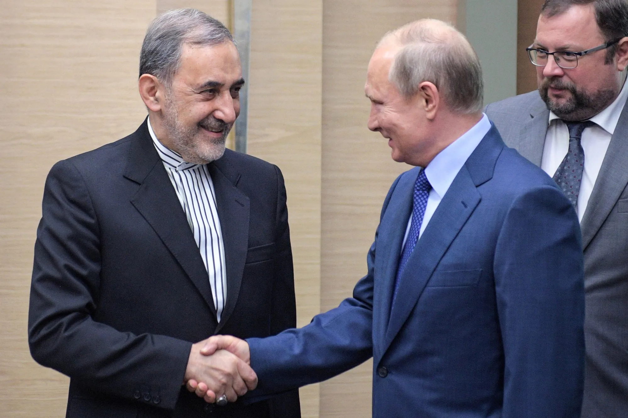 Vladimir Putin&nbsp;shakes hands with Ali Akbar Velayati&nbsp;outside Moscow&nbsp;on July 12.