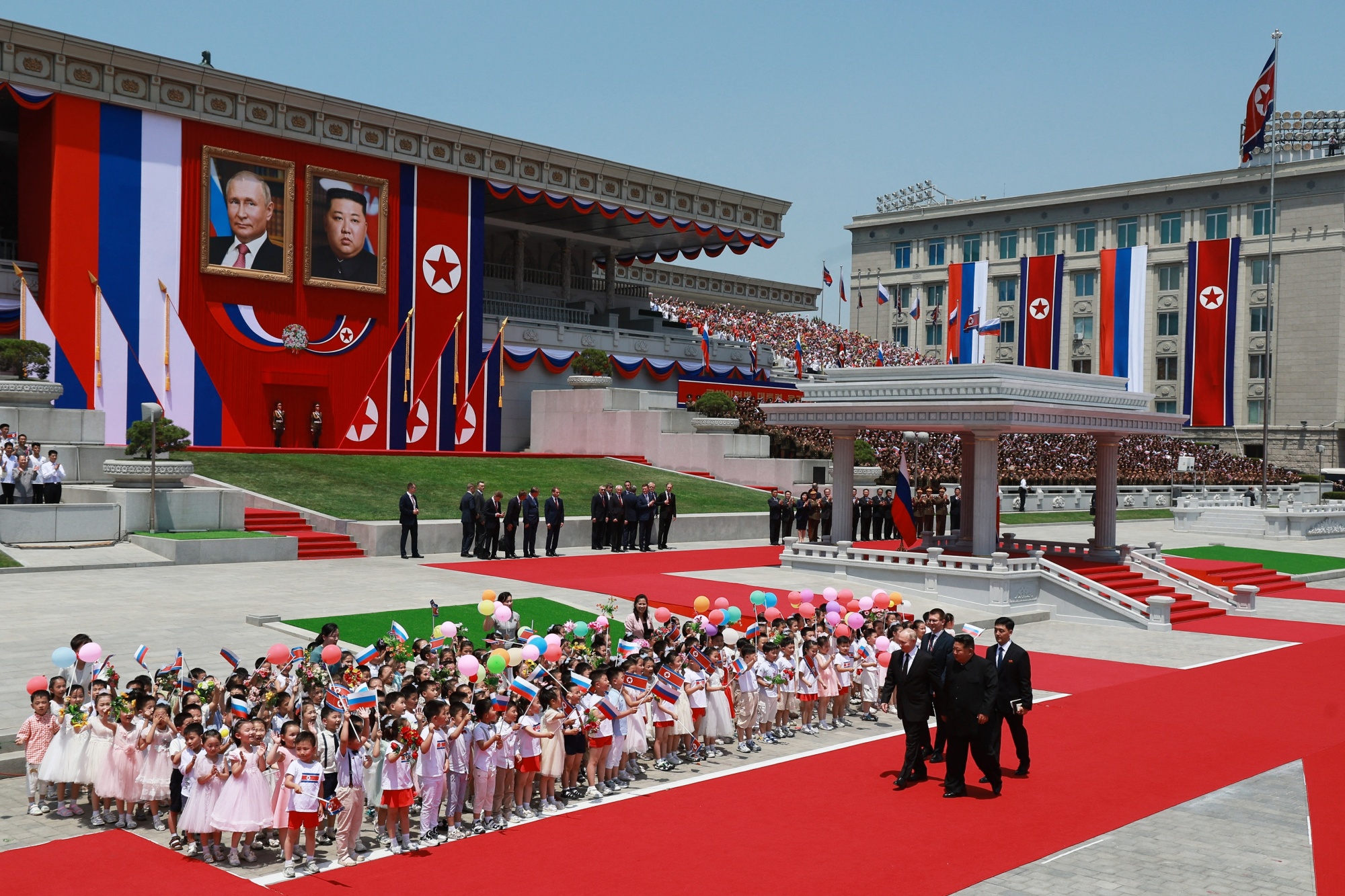 Kim Jong Un and Vladimir Putin at Kim Il Sung Square in Pyongyang in June 2024. Source: Sputnik/AFP/Getty Images