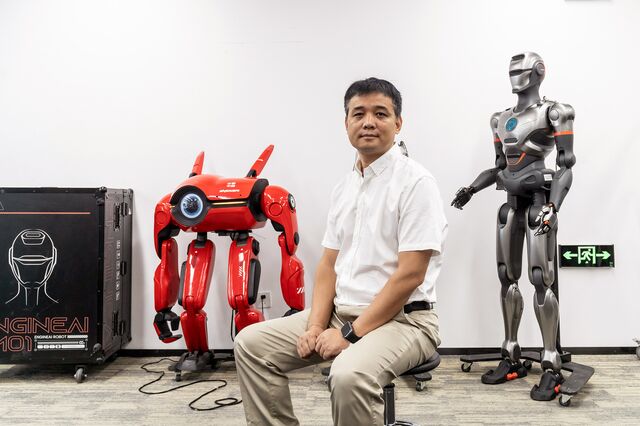 A portrait of EngineAI's CEO and co-founder Zhao Tongyang at the company’s showroom in Shenzhen in May.
