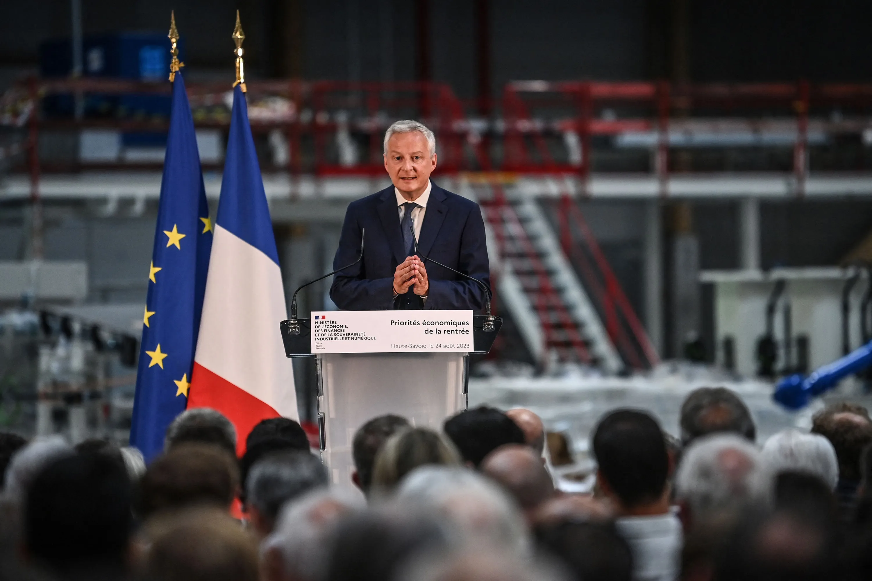 Bruno Le Maire at a factory in Alex, near Thones, France, on Aug. 24.