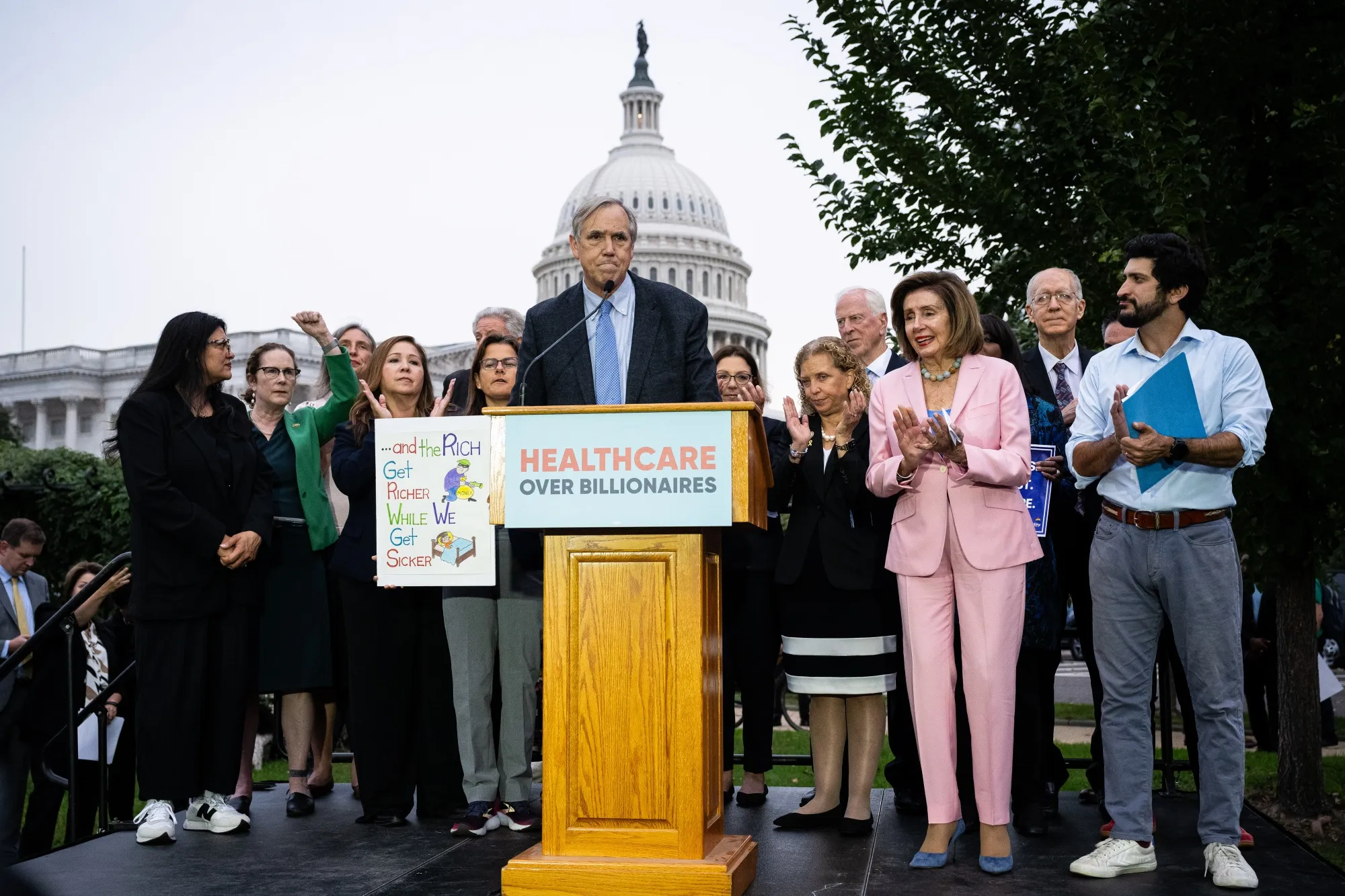 Senator Jeff Merkley, a Democrat from Oregon, during a rally for healthcare funding with Democratic lawmakers outside the US Capitol in Washington on Sept. 30.