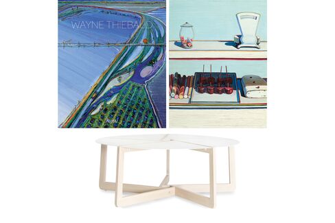 Pictured: Wayne Thiebaud is known for his enigmatic, lifelike paintings of desserts (top); Blue Dot’s slice-shaped coffee table (bottom).