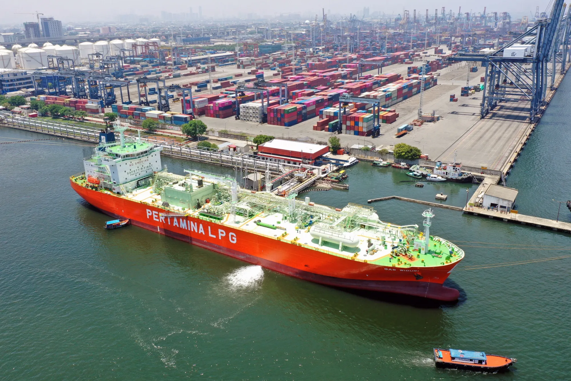 A Pertamina liquefied petroleum gas tanker at the port of Tanjung Priok in Jakarta, Indonesia.