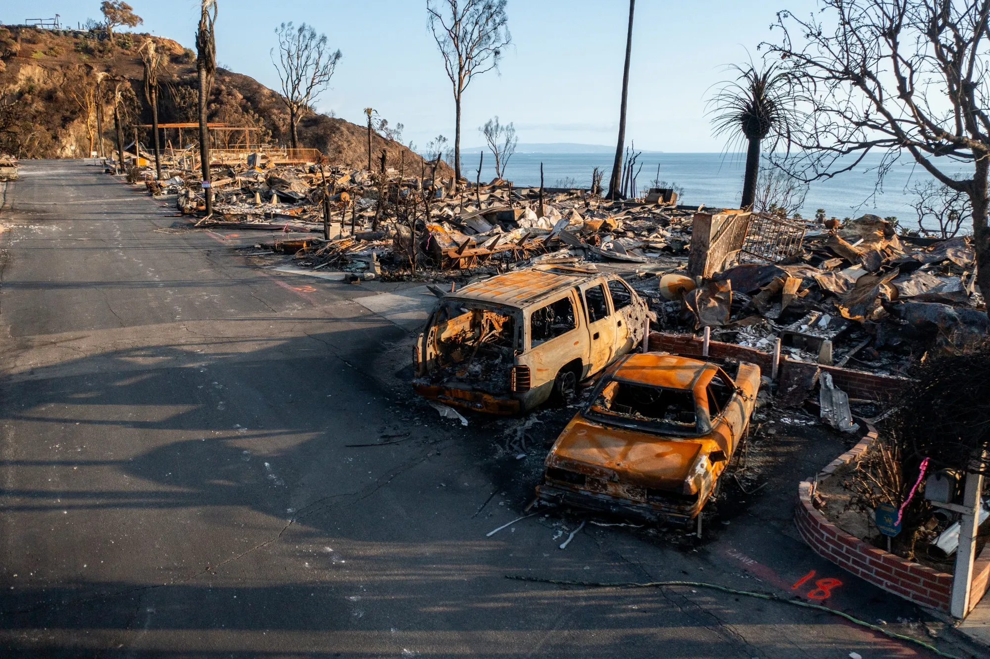 Destroyed homes after the Palisades Fire in the Pacific Palisades area of Los Angeles in January&nbsp;2025.&nbsp;&nbsp;