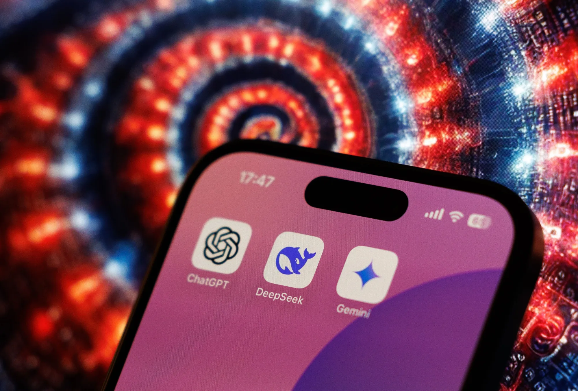 Artificial intelligence mobile app icons for DeepSeek, ChatGPT and Google Gemini.