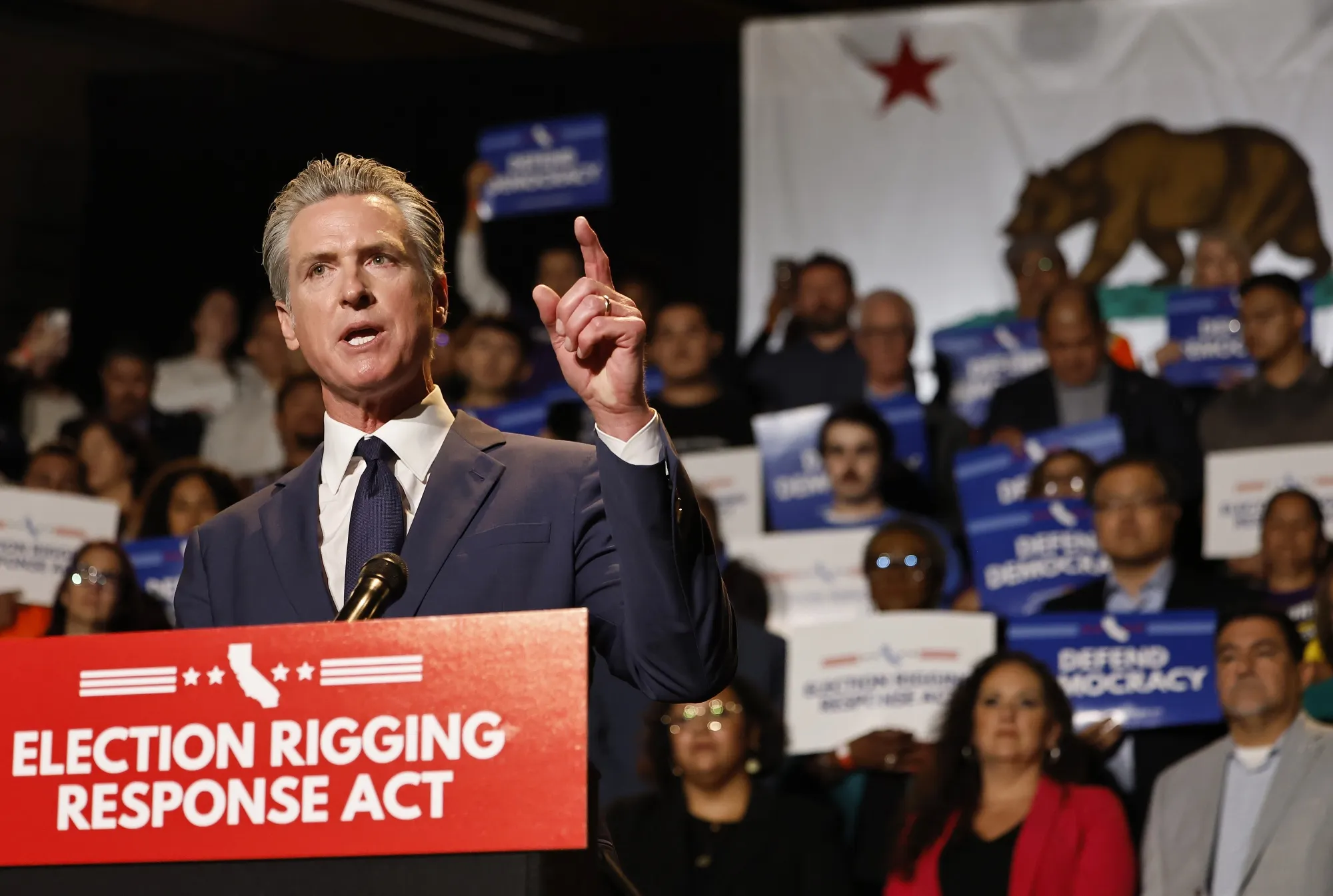 California Governor Gavin Newsom speaks about the “Election Rigging Response Act”&nbsp;&nbsp;in Los Angeles.