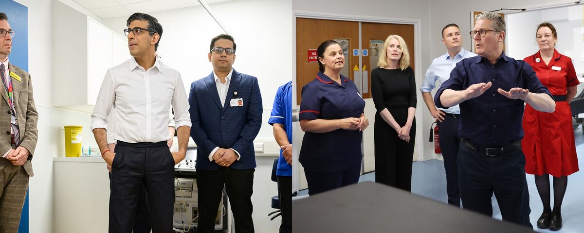 Side by side photo montage showing Rishi Sunak and Keir Starmer speaking with hospital staff.