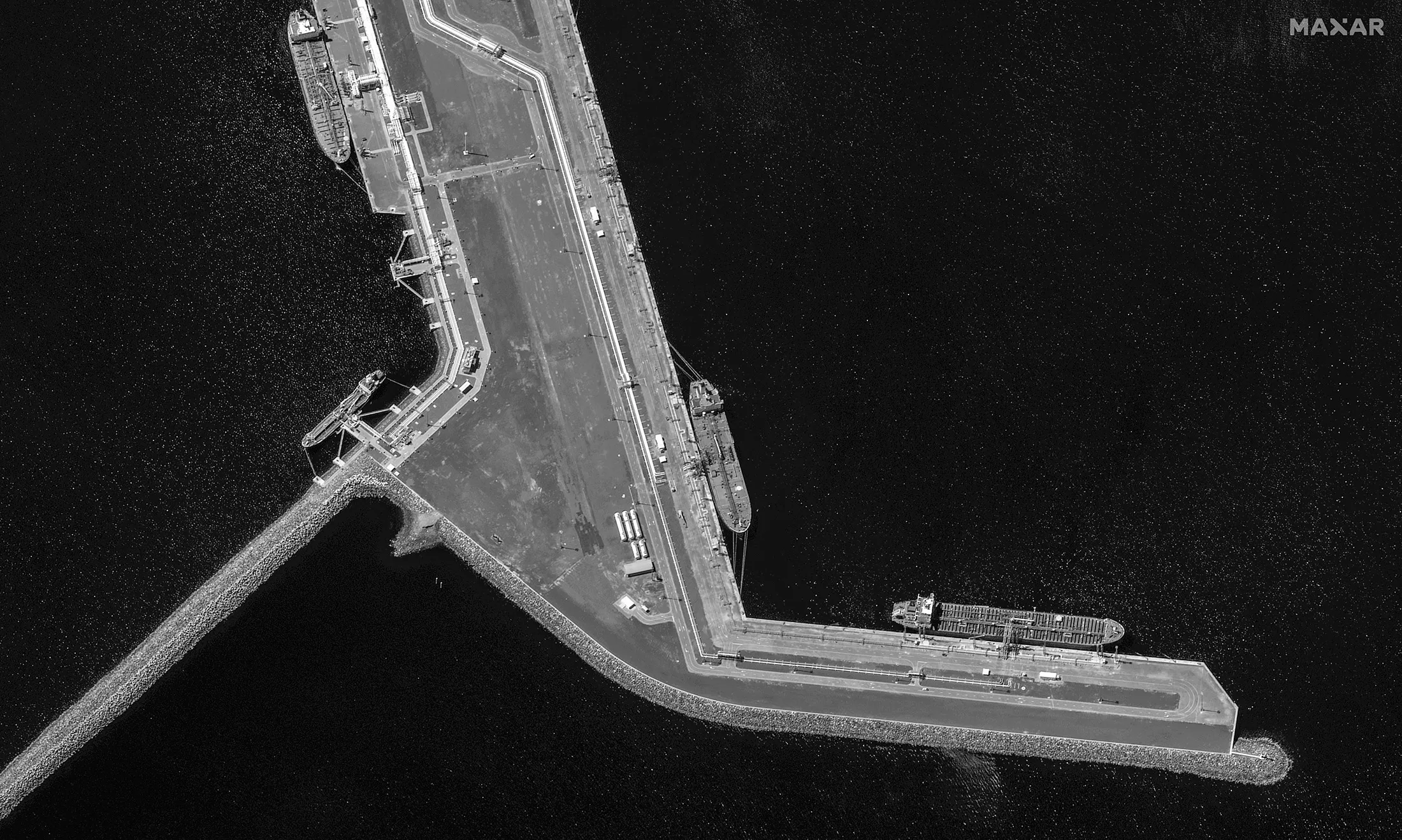The tanker&nbsp;Sincere 02, center, discharging cargo at the Port of Fujairah in the United Arab Emirates on April 4.