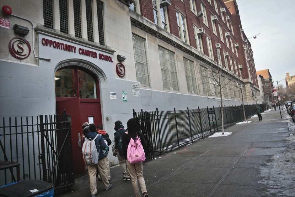 Students enter Harlem's Opportunity Charter School, which issued 231 suspensions in 2014, more than any other New York City school that year. Opportunity says it has dramatically reduced suspensions down to 53 students as of the 2015-16 school year.