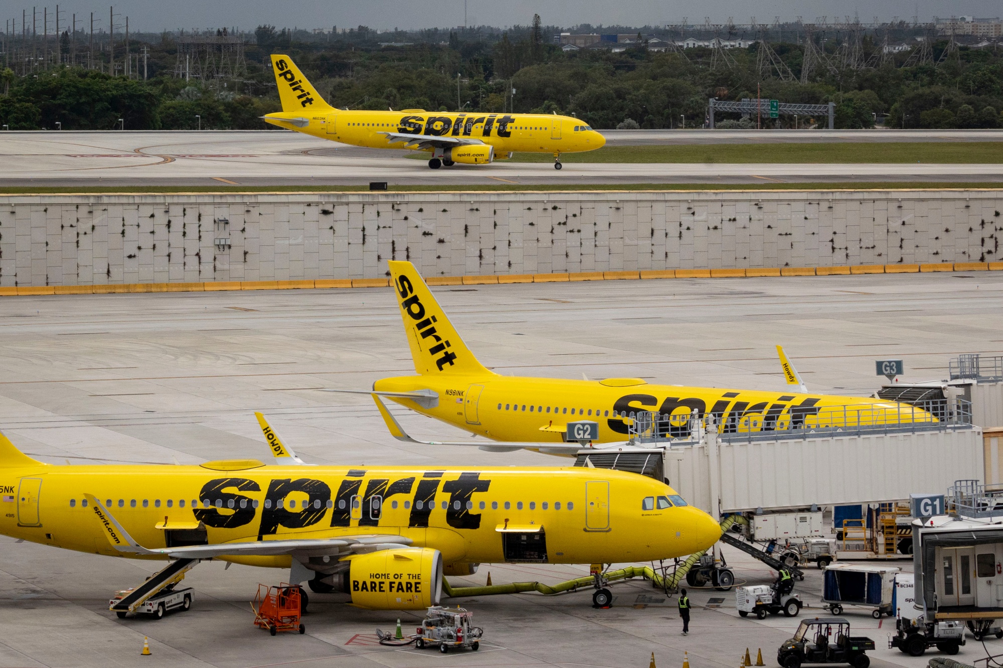 Spirit Airlines airplanes at Fort Lauderdale-Hollywood International Airport (FLL) in Fort Lauderdale, Florida.