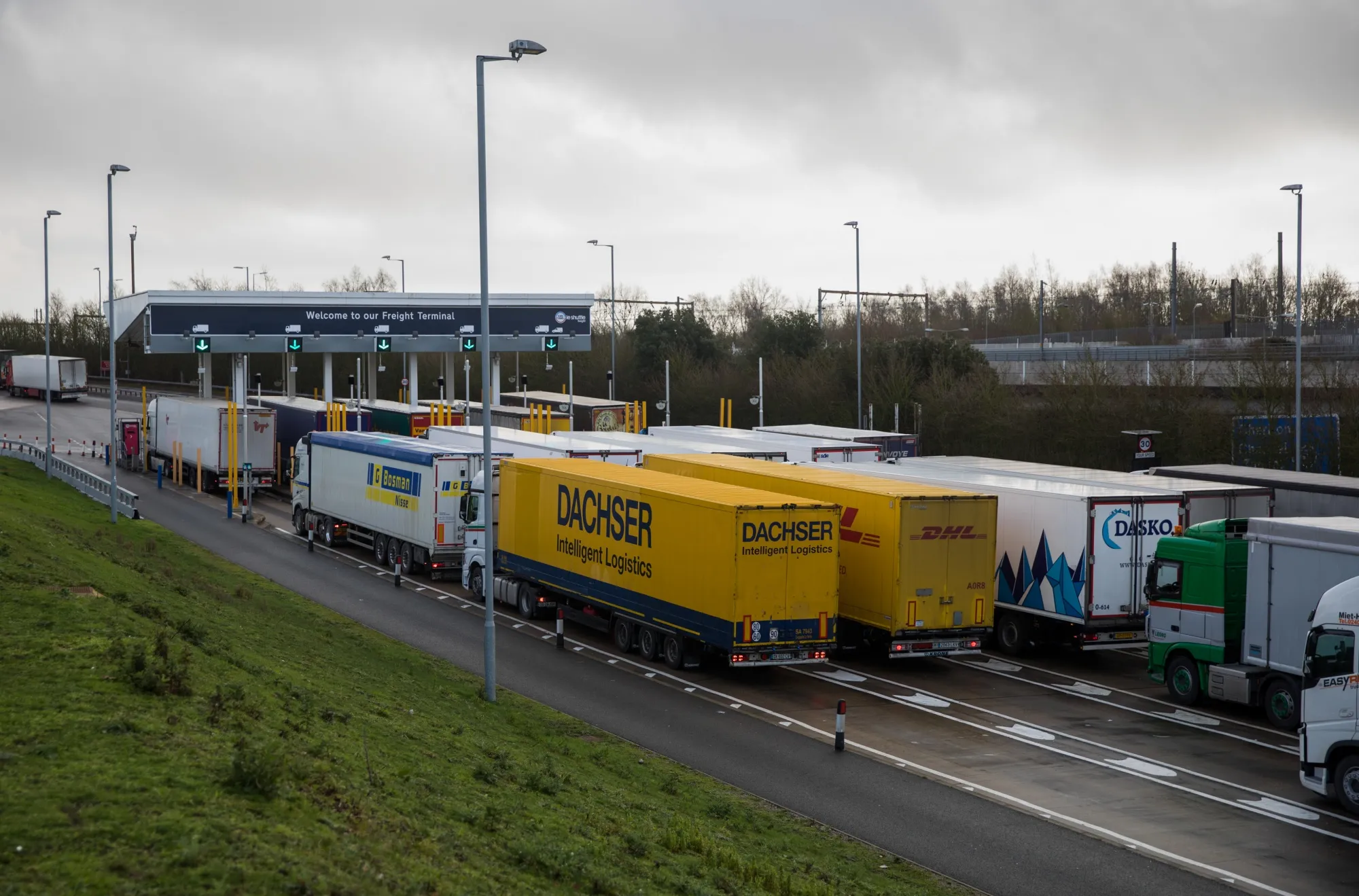 Haulage trucks at the check in for the channel tunnel in Folkestone, U.K.