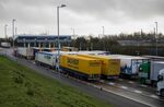 Haulage trucks at the check in for the channel tunnel in Folkestone, U.K.