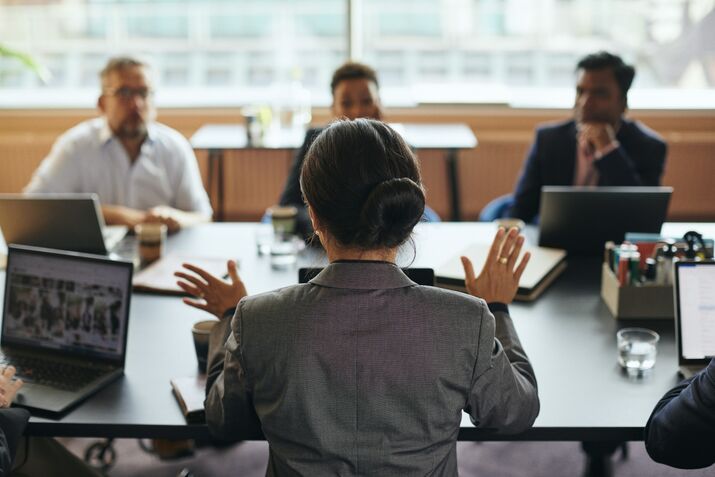 Rear view of mature businesswoman discussing strategies with colleagues in board room at office