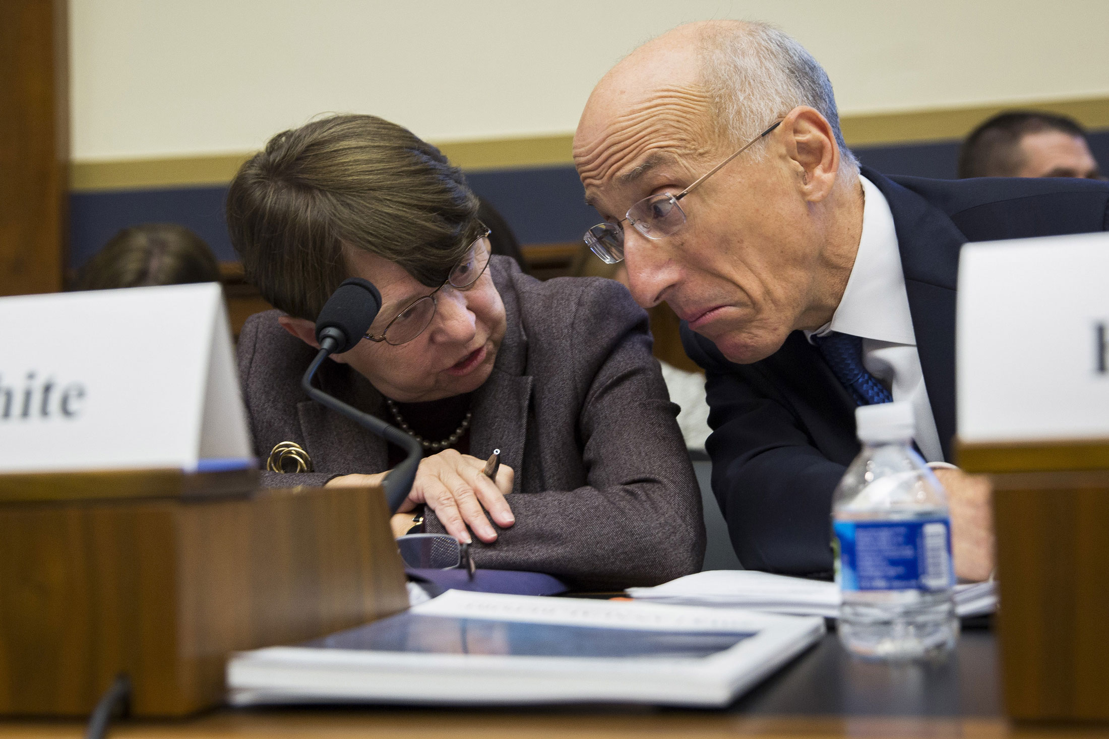 Mary Jo White, chair of the U.S. Securities and Exchange Commission, left, and Timothy Massad, chairman of the Commodity Futures Trading Commission, during a House Financial Services Committee hearing in 2015.
