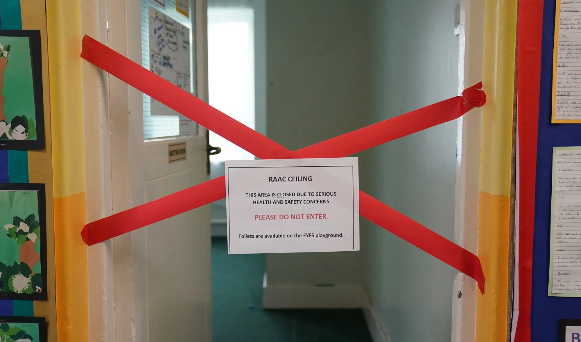 A taped off section of a primary school due to RAAC being present, in Leicester, UK.